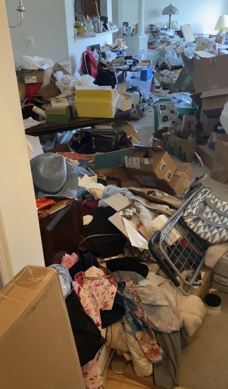 A living room filled floor to ceiling with boxes, bags and belongings